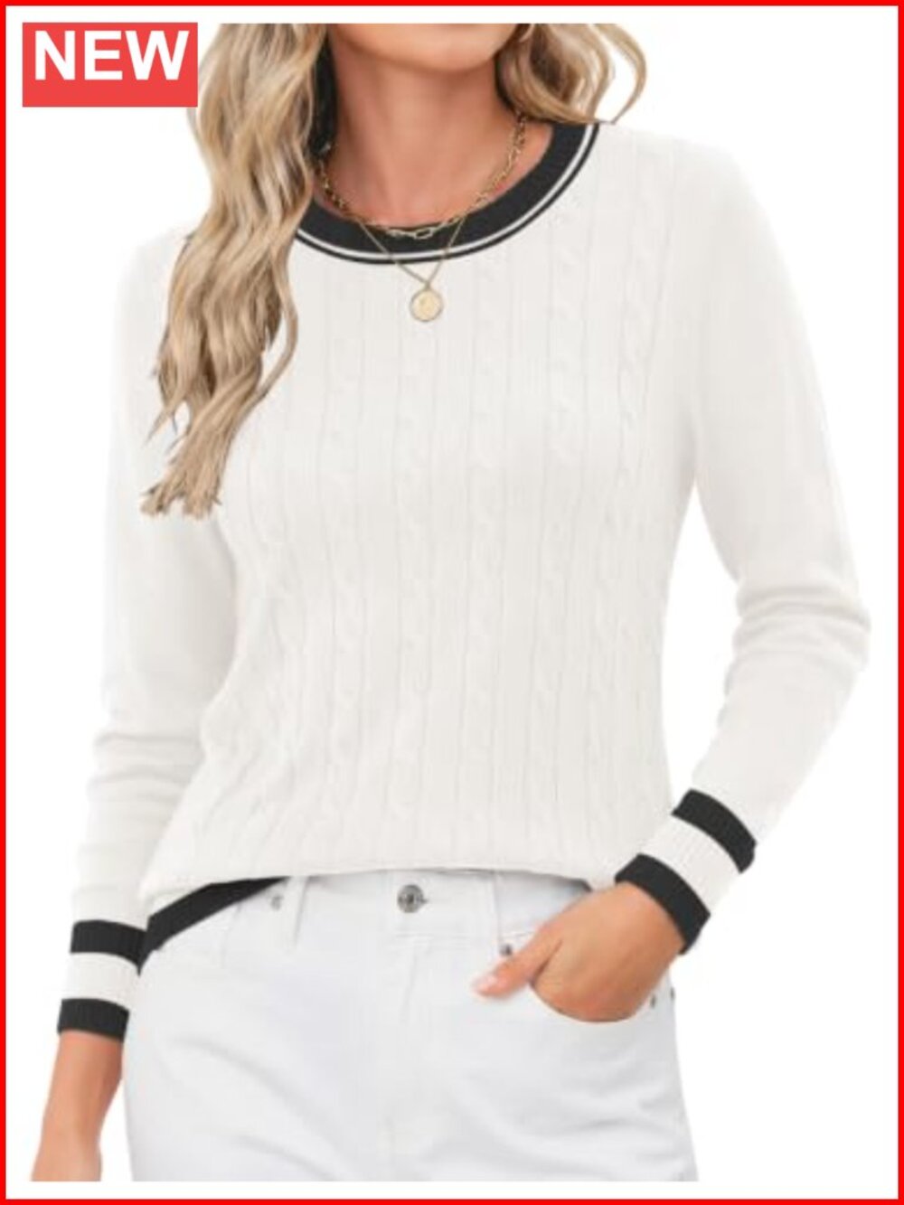 Women's Cable Knit Contrast Trim Crew Neck Pullover Sweater